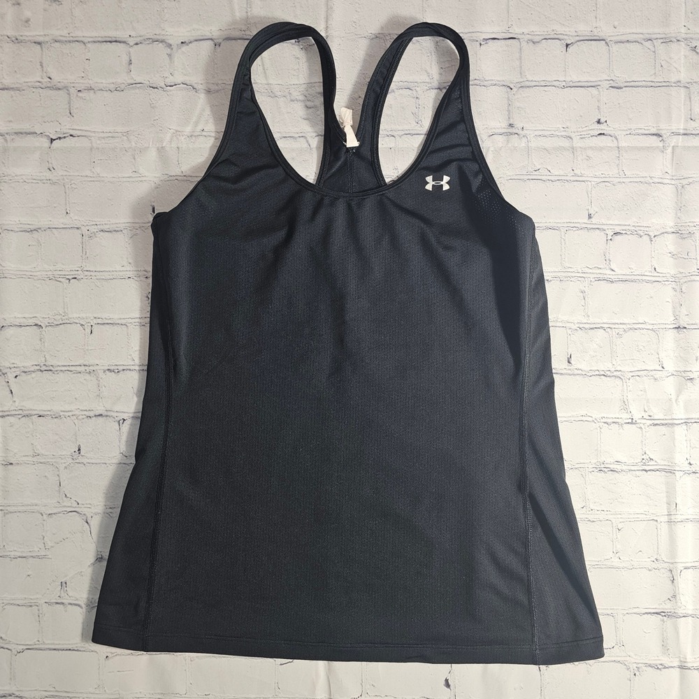 Under Armour‎ Womens Black HeatGear Racerback Athletic Tank Top Medium Logo